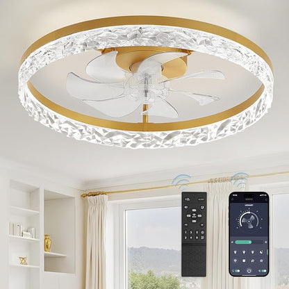 LEDIARY 20" Modern Ceiling Fans with Lights and Remote, Dimmable Low Profile Ceiling Fan, Flush Mount Fan, Stepless Color Temperature Change and 6 Speeds - Gold