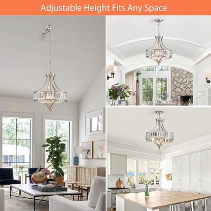 Crystal Chandeliers for Dining Room Rustic Farmhouse Pendant Round 4-Light Brushed Nickel Lighting Fixture for Dining Room Kitchen Island Hallway Bedroom Home Office