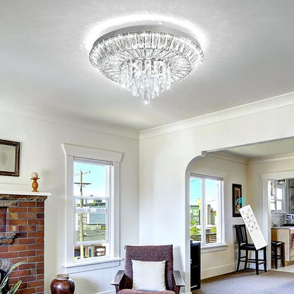 Crystal Chandelier 40W Modern Round Ceiling Light Fixture LED Raindrop Chandeliers Dimmable with Remote for Dining Room Living Room Entryway Hallway Bedroom Silver