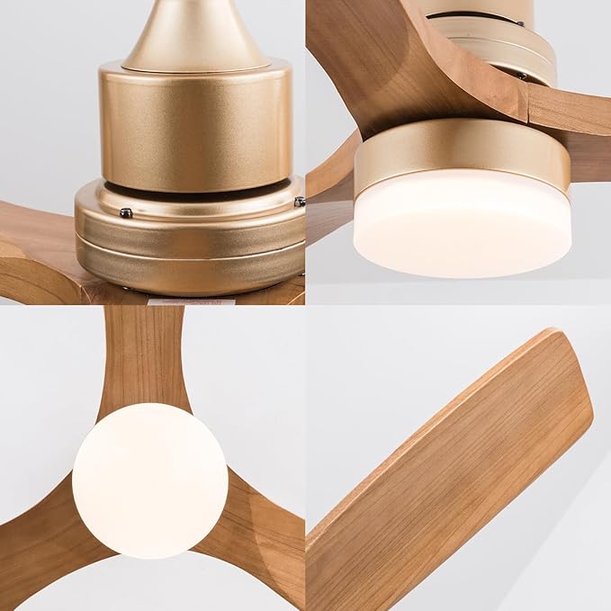 Champagne Gold Luxury Style Ceiling Fan with Light Solid Wood Blade Noiseless Reversible Motor Dimmable Light Memory Living Room and Bedroom Ceiling Fan (Golden04)