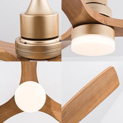 Champagne Gold Luxury Style Ceiling Fan with Light Solid Wood Blade Noiseless Reversible Motor Dimmable Light Memory Living Room and Bedroom Ceiling Fan (Golden04)