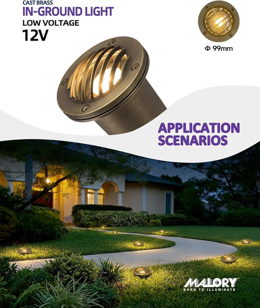MALORY Brass Landscape Well Lights,(φ99 mm) 12V Low Voltage Outdoor In Ground Lights, Landscape Lighting with 7W 540LM MR16 for Pathway, Driveway (Full Brass -01B, 10-Pack with Bulb)