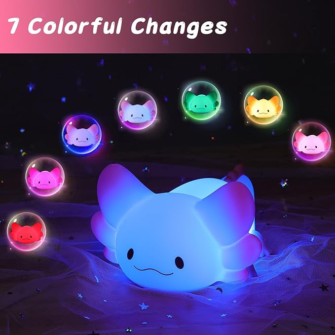 LOVERUIS Axolotl Night Light for Kids Gifts Squishy Nightlight for Kid Room Decor Girls Rechargeable 1/3 Hours Timer Lamp Colorful Cute Lights Toddle Baby (Big Eye)