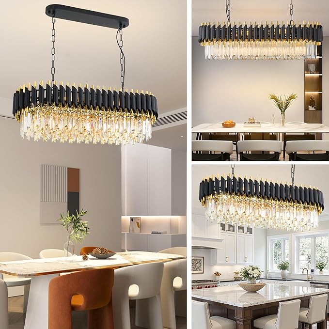 Modern Rectangular Chandelier Black and Gold Crystal Chandeliers for Dining Room 3 Tier 8-Light Oval Contemporary Ceiling Pendant Light Fixture for Kitchen Island Bar Living Room L33 inch