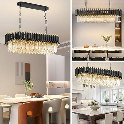 Modern Rectangular Chandelier Black and Gold Crystal Chandeliers for Dining Room 3 Tier 8-Light Oval Contemporary Ceiling Pendant Light Fixture for Kitchen Island Bar Living Room L33 inch