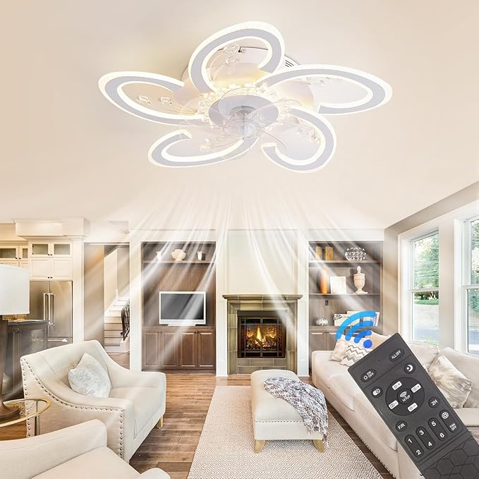 22.8'' Ceiling Fan with Lights Remote Control, Modern Dimmable Ceiling Fans, Petal Chandelier Ceiling Fans with 6 Speeds and Remote Control for Bedroom, Kitchen, Indoor
