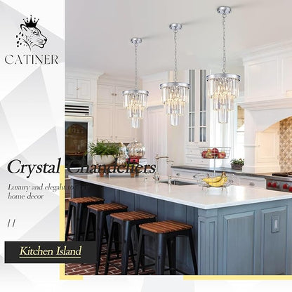 3 Pack Chrome Crystal Pendant Light, Modern 3 Tiers K9 Crystal Chandelier Mini Ceiling Pendant Light Fixture for Kitchen Island Dining Room Hallway Bedroom Closet