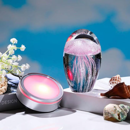 Handmade Jellyfish Lamp – Crystal Glass Figurine Colorful LED Night Light, Ocean-Themed Desk Decor, Aquarium & Beach Room Decor – Gifts for Women Nature Lovers (Pink)