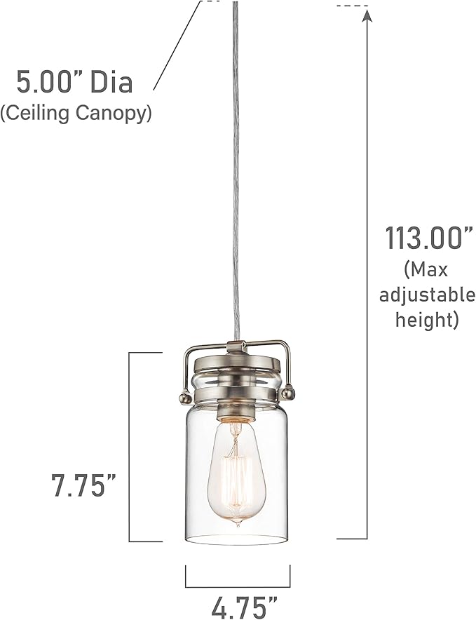 Kichler Brinley 7.75" Kitchen Pendant in Brushed Nickel, Mini Farmhouse Pendant with Clear Glass, (7.75" H x 4.75" W), 42878NI, 1-Light