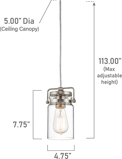 Kichler Brinley 7.75" Kitchen Pendant in Brushed Nickel, Mini Farmhouse Pendant with Clear Glass, (7.75" H x 4.75" W), 42878NI, 1-Light