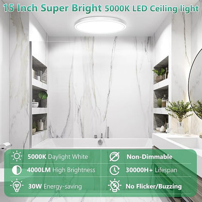 Brightever 15 Inch Large LED Flush Mount Ceiling Lights, 30W 4000LM, 5000K Daylight White Modern Ceiling Light Fixtures, Super Slim 0.67 Inch Hardwired LED Ceiling Lamp for Living Room, 1 Pack