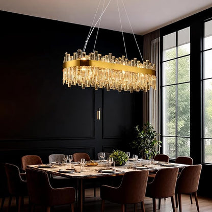 Weesalife Gold Crystal Chandeliers for Dining Room, 20 Lights Modern Oval Chandelier for Lining Room, Rectangular Crystal Pendant Light Fixture for Kitchen Island Bar L36 Inch
