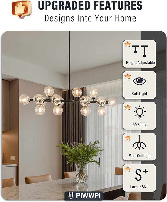 Glass Globe Sputnik Chandelier, 16-Light Mid Century Modern Light Fixture Over Table, Linear Chandeliers for Dining Room, Kitchen Island, Black and Clear Bubble, 40 Inch, GC-02