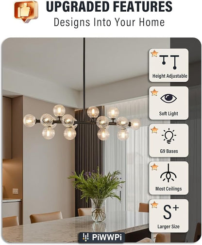 Glass Globe Sputnik Chandelier, 16-Light Mid Century Modern Light Fixture Over Table, Linear Chandeliers for Dining Room, Kitchen Island, Black and Clear Bubble, 40 Inch, GC-02