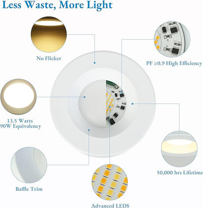 KSANA Recessed Lighting 6 Inch, 5CCT White LED Can Lights for Ceiling, 5 Colors Selectable-2700K/3000K/3500K/4000K/5000K,13.5W=90W, Dimmable Retrofit Downlight with Baffle Trim