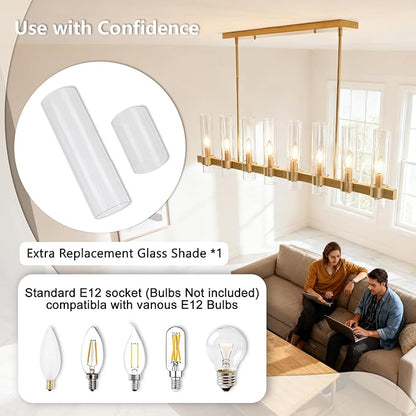 8-Light Linear Chandelier - Gold Kitchen Island Lighting - with Glass Shape Adjustable 50'' Modern Farmhouse Rectangle Pendant Light Fixtures, Dining Room, Bedroom