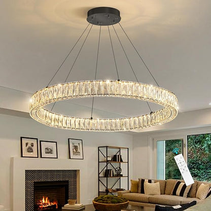 HAIXIANG Modern Crystal Chandelier Dimmable LED Ring Pendant Chandeliers Light Adjustable Glam Hanging Lighting Fixtures for Dining Room Living Room Bedroom Black Light
