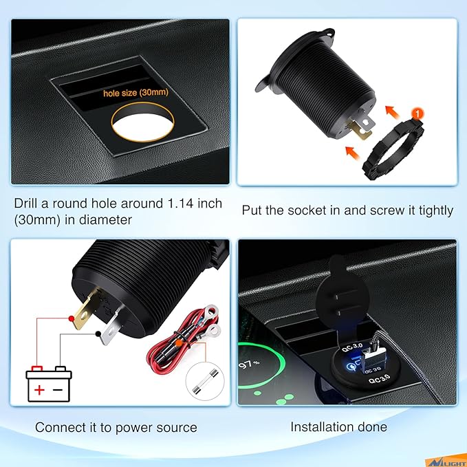 Nilight Dual USB Socket PD Type C and QC3.0 12V 24V Car Outlet ON Off Touch Switch Fused Wire Kit for Cars Trucks RVs Campers