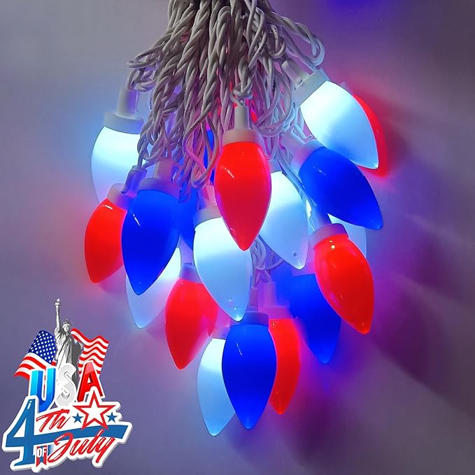 C9 Red White and Blue Lights for Fourth of July Decorations, 25Ft LED Patriotic Light 25 Shatterproof Christmas Light, Plug in 4th of July Decorations Lights for Party Memorial Day Independence Day