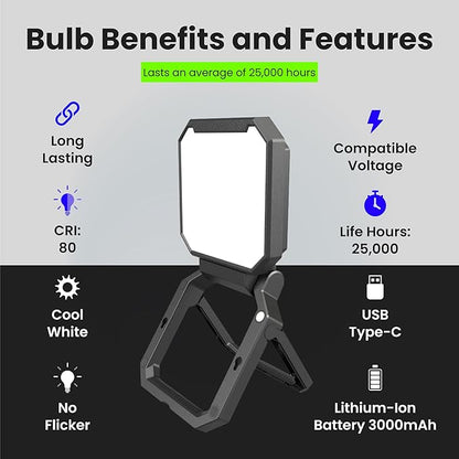 Feit Electric Portable LED Work Light, 360° Rotating Head, 3 Light Modes, 1000/500/200 Lumens, Adjustable Working Light for Workshop Garage, 25,000-Hour Lifetime, WORK1000/FOLD/BAT