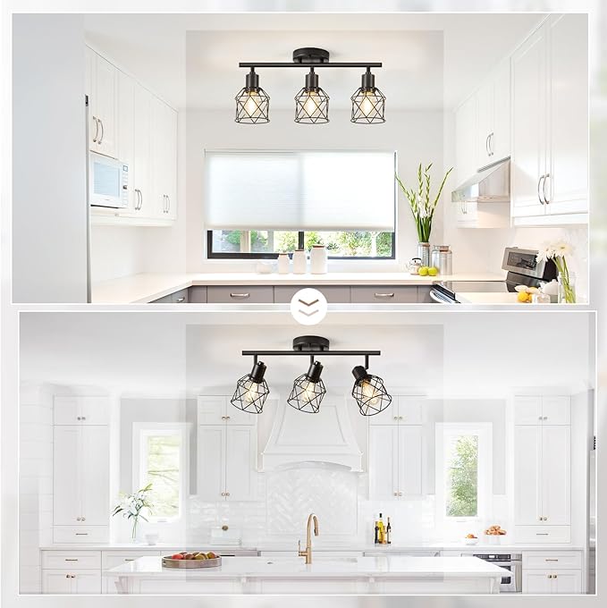 3-Lights Track Lighting, Adjustable Multi-Directional Ceiling Light Fixtures, Rotatable Farmhouse Light Fixtures Mount with Metal Cage for Dining Room, Living Room, Bedroom, E26 Base