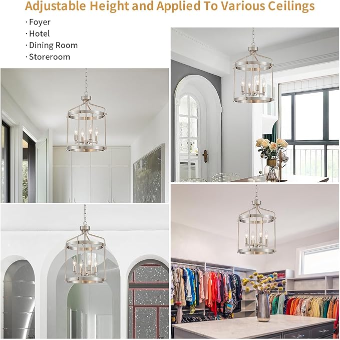 Modern Chrome Chandelier, 4-Light Farmhouse Chandeliers for Dining Room Light Fixture Over Table Adjustable Height Hanging Industrial Pendant Light for Hallway Entryway Living Room Kitchen Bedroom