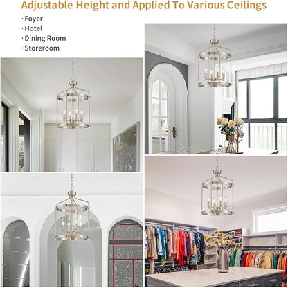 Modern Chrome Chandelier, 4-Light Farmhouse Chandeliers for Dining Room Light Fixture Over Table Adjustable Height Hanging Industrial Pendant Light for Hallway Entryway Living Room Kitchen Bedroom