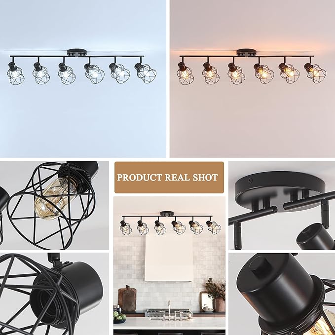 6 Lights Adjustable Multi-Directional Black Light Fixtures, Semi Flush Mount Ceiling Light, Kitchen Light Fixtures, Track Lighting Fixtures Metal Cage Industrial Spotlight Fixtures for Dining Room