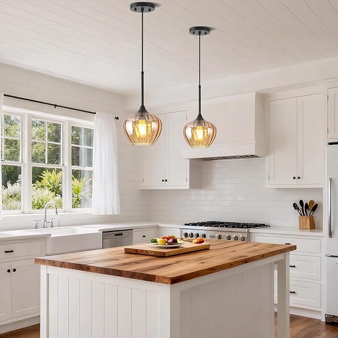 2Pack Amber Glass Pendant Light, 7 Inch Vintage Pendant Light Fixtures Modern Small Pendant Hanging Lights for Kitchen Island Dining Room Bathroom Coffee Bar