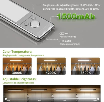 Under Cabinet Lighting, 2 Pack Motion Sensor Light Indoor, 76 LED USB Rechargeable Battery Operated, 3 Levels Dimmable Magnetic Closet Lights, Wireless Under Counter Lights for Kitchen Stairs Hallway