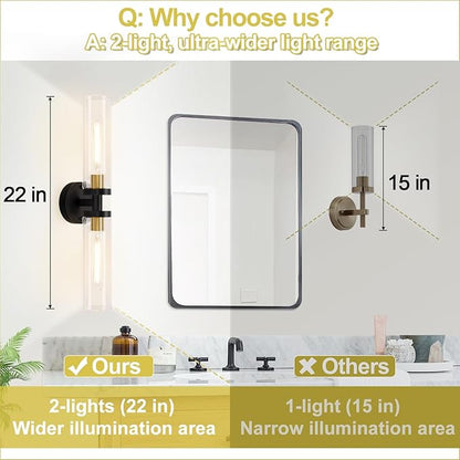 Indoi Hardwired Wall Sconces Set of Two, 22" Black and Gold Bathroom Sconces with Clear Glass, Modern Sconces Wall Decor Set of 2 Wall Light fixtures for Bathroom Mirror Living Room Hallway Bedroom