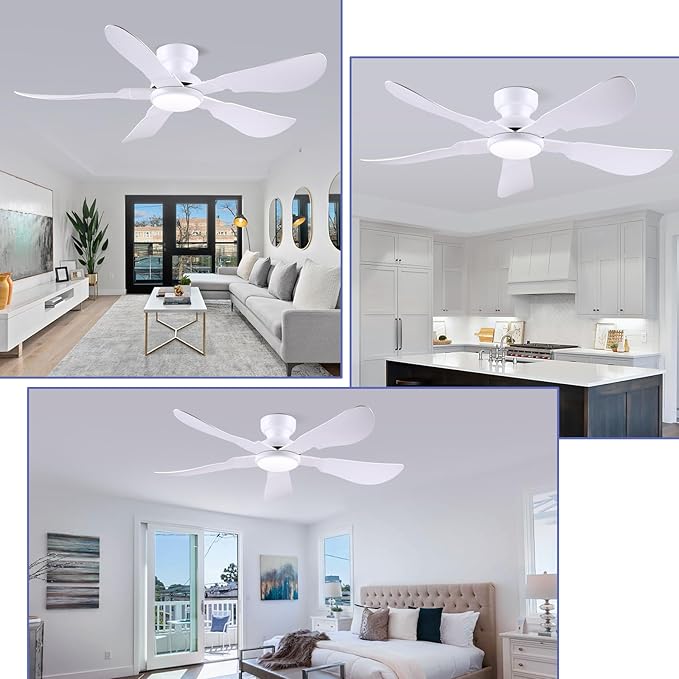 Kviflon 52 Inch Modern Ceiling Fans with Lights, Flush Mount Ceiling Fan with Light and Remote/APP Control, 5 Reversible 6 Speeds Curved Blades, 3 CCT Dimmable Lights for Bedroom, White