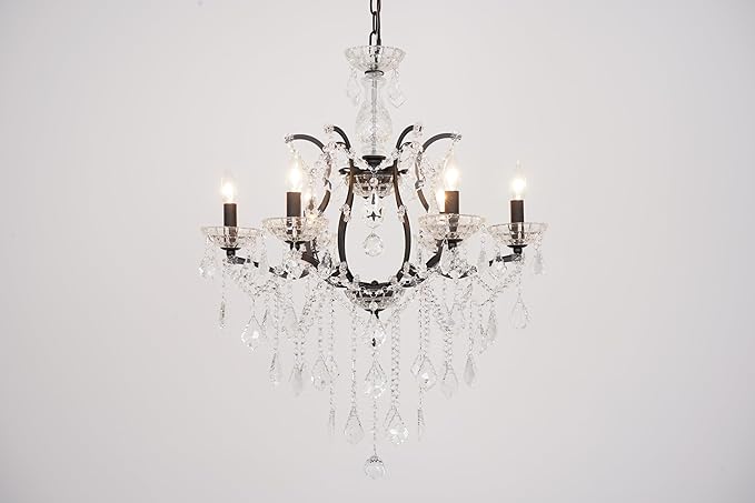 6-Light Crystal Chandelier Black Finish Modern Luxury Antique Flush Mount Chandelier with Crystal Drops Prisms Beads, Elegant Dining Room Living Room Entryway Foyer Ceiling Light Fixture