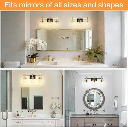 SOLFART Vintage Vanity Lights Bathroom Light Fixture Over Mirror for Bath Glass Shade Light Black and Brass Modern Style 3 Lights