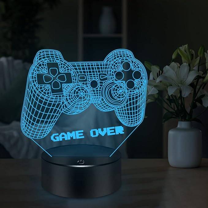BASSI 3D Gamepad Night Light Game Over Light Game Controller Console Illusion Lamp for Kids Gamer Room Decor, 16 Color Changing with Remote Timer, Christmas Birthday Gifts for Boys Girls