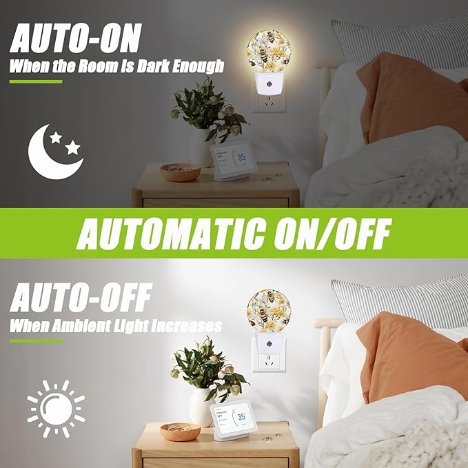 Cute Bee Night Light,Watercolor Floral Night Lights Plug into Wall for Kitchens Toilets Bedroom Decorative Half Round Nightlight Led Lamp 0.5W Sleep Friendly