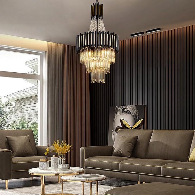 Modern Crystal Chandelier Light 7-Lights 15.8" K9 Crystal Pendant Lights 3-Tier Black Gold Luxury Hanging Light Fixture for Dining Room Living Room Kitchen Bedroom Stairway Home Office