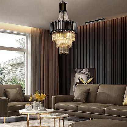 Modern Crystal Chandelier Light 7-Lights 15.8" K9 Crystal Pendant Lights 3-Tier Black Gold Luxury Hanging Light Fixture for Dining Room Living Room Kitchen Bedroom Stairway Home Office
