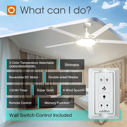 addlon Ceiling Fans with Lights, 60 inch White Ceiling fan with Light and Remote Control, Reversible, 3CCT, Dimmable, Noiseless,Outdoor Ceiling Fan for Patios, Living Room, Indoor/Outdoor Use
