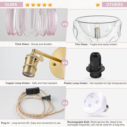 Plug in Wall Sconces Set of 2, Vintage Wall Sconce Light with Tulip Pink Glass Lampshade, Bedroom Wall Sconce with Switch and Plug in wall lamp Cord, Gold Wall Light Wall Decor Set of 2