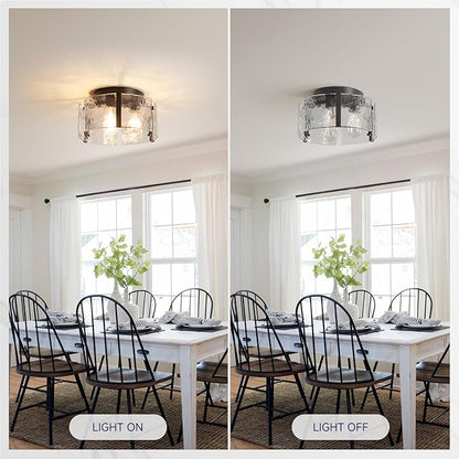 Modern Black Semi Flush Mount Ceiling Light Fixtures, 14" Drum Glass Kitchen Ceiling Light Fixture Mid Century Vintage Lights for Dining Room over Table Hallway Foyer Entryway Bathroom Laundry Bedroom