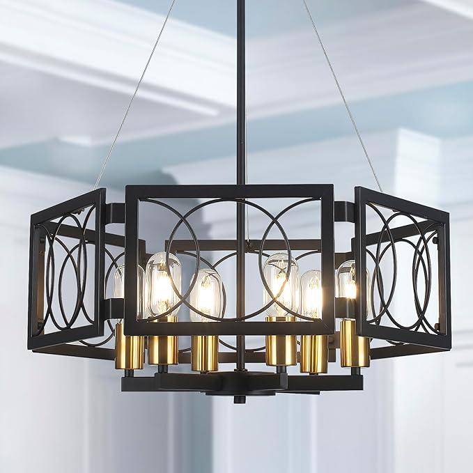 Modern Farmhouse Chandelier- 22.8" Large Pendant Light Fixture Vintage Industrial Metal Light for Dining Room Living Room Kitchen Island Foyer (Black Gold, 6 Lights)