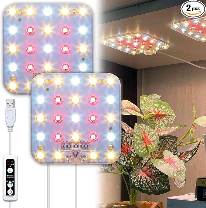 Full Spectrum LED Grow Light for Indoor Plants, 2 Panels 10W with 6/12/16h Timer Dimmable Plant Lights for Flower Veg Plant Growth USB, Warm White, 2-Pack