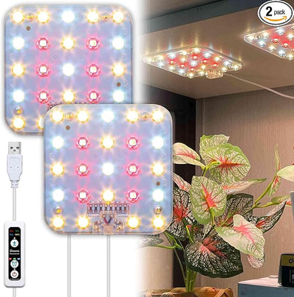 Full Spectrum LED Grow Light for Indoor Plants, 2 Panels 10W with 6/12/16h Timer Dimmable Plant Lights for Flower Veg Plant Growth USB, Warm White, 2-Pack