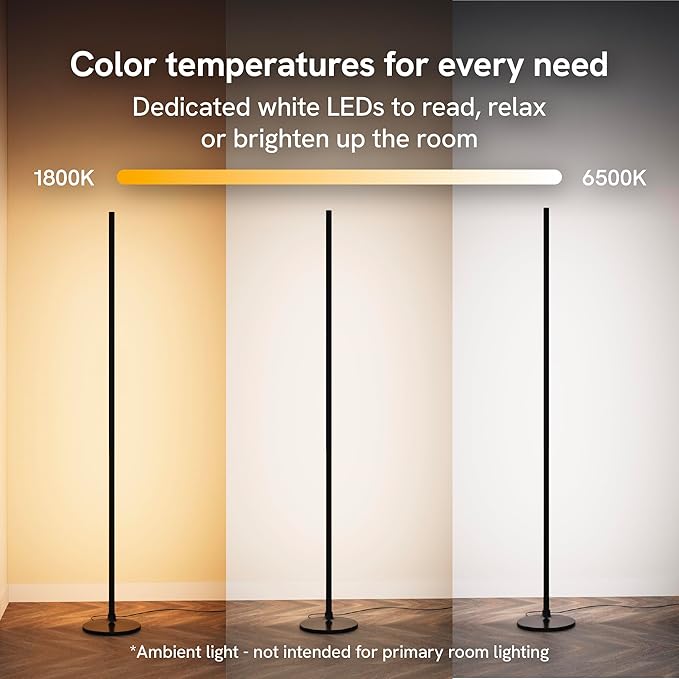 Aura Labs LED Corner Floor Lamp - RGBICW 4 Billion Colors - 90+ CRI & 1000 Lumens - App & Voice Control, Music Sync LED Lights - Standing Floor Lamp - Ambient Lighting - Bedroom, Living Room - 53 Inch