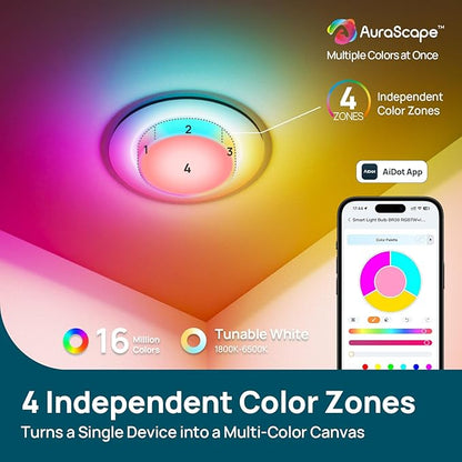 Linkind Matter BR30 Smart Light Bulbs with Stretchable Design & 4-Zone Aurascape Color, 850LM Recessed Smart Flood Light Bulb, Works with Alexa/Apple Home/Google Home, Music Sync Light Show, 4 Pack