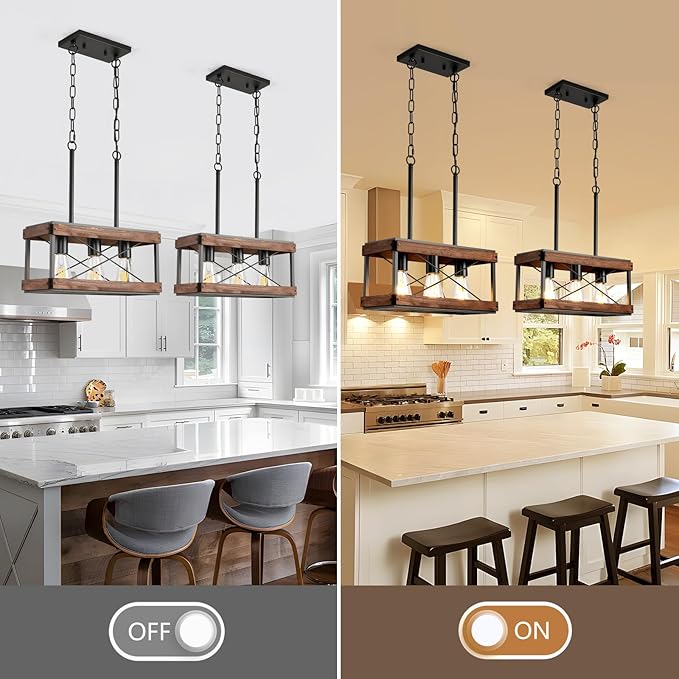 Genuine Wood Farmhouse Kitchen Island Light, 3-Light Rustic Pendant Chandelier with Adjustable Height, Metal Linear Hanging Lamp for Dining Room Bar Pool Table