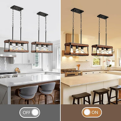 Genuine Wood Farmhouse Kitchen Island Light, 3-Light Rustic Pendant Chandelier with Adjustable Height, Metal Linear Hanging Lamp for Dining Room Bar Pool Table