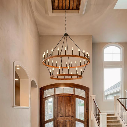 HHR 48" Wood-Grain Surface Double Tier Wagon Wheel Chandelier, 36-Light Round Farmhouse Pendant Light Fixture, Rustic Large Chandelier for Dining Room Living Room Office(Not Solid Wood) E12