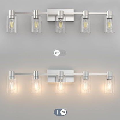 5-Light Modern Vanity Light Fixtures Over Mirror, Brushed Nickel Bathroom Light Fixtures, Vanity Lights, Wall Sconce with Clear Glass Shade for Bathroom, E26 Base
